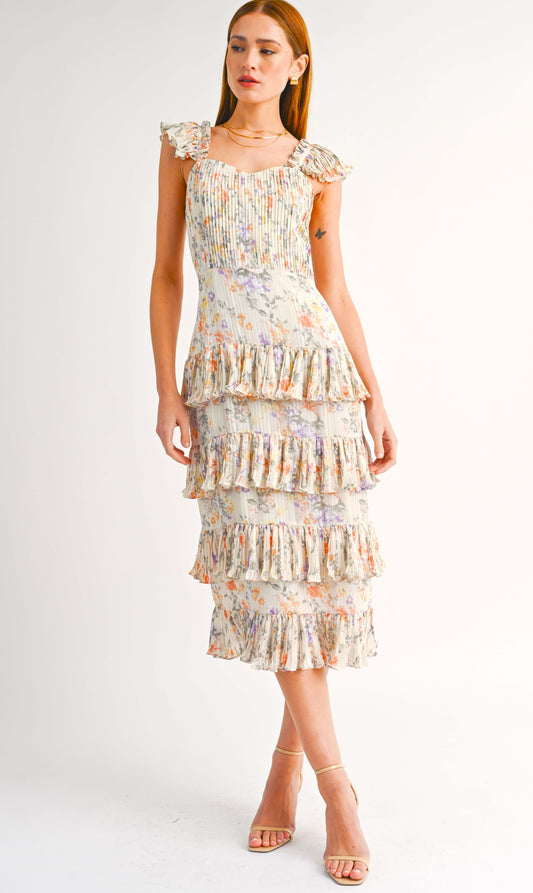 Kristi Pleated Ruffle Dress in Ivory Floral