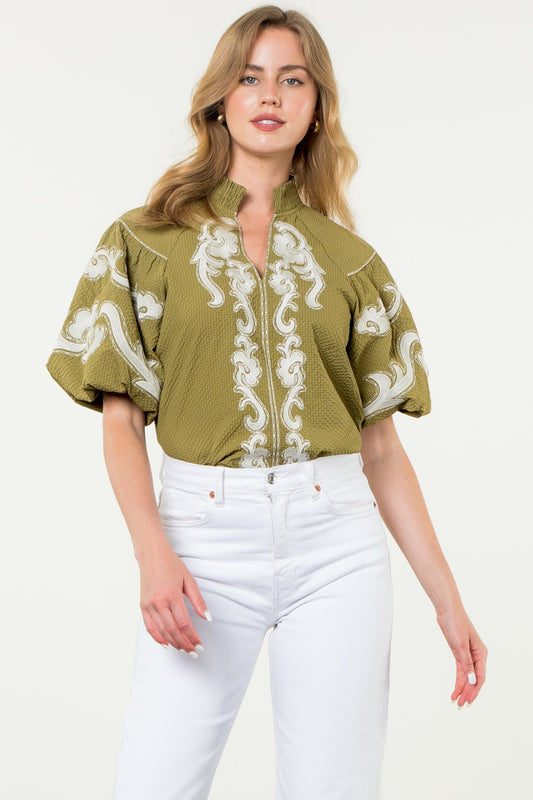 Maley Embroidered Detail Puff Sleeve Top