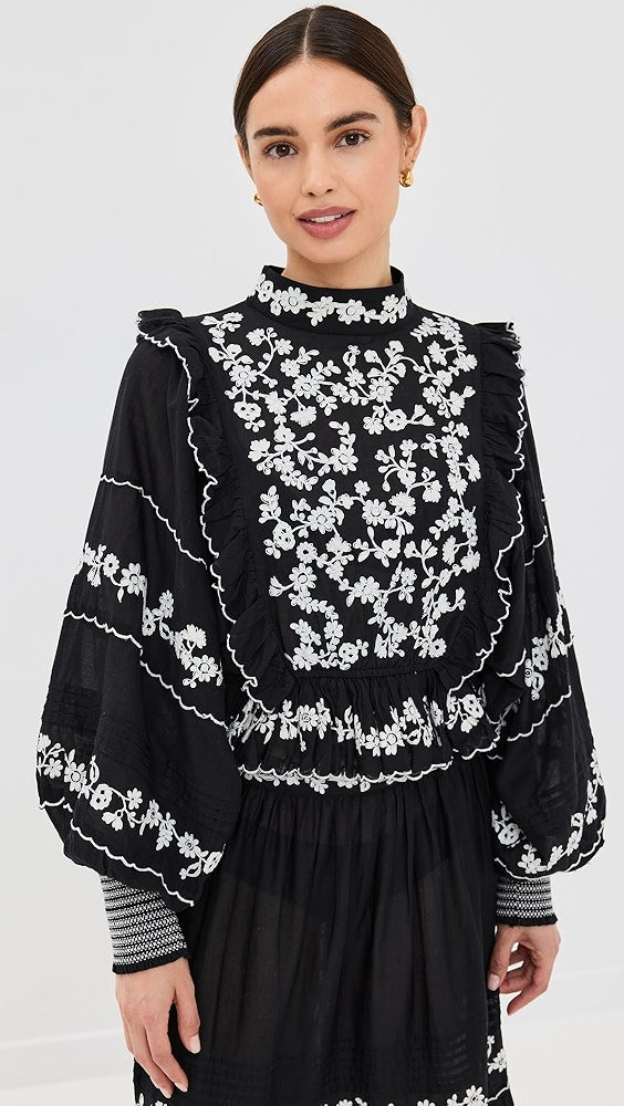 FARM Rio Embroidered Ruffled LS Blouse